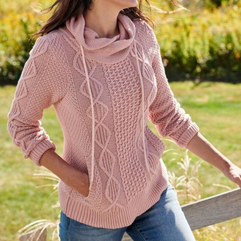 LL Bean Signature Funnelneck Pink Sweater Cable Knit Cotton‎ Womens XS